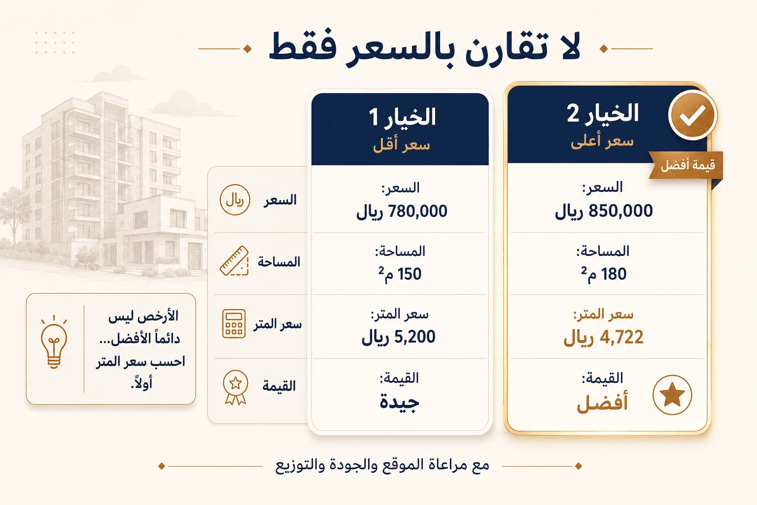 أخطاء شراء المسكن الأول عند مقارنة العقارات بالسعر فقط وسعر المتر