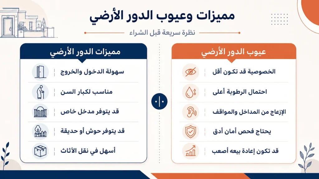إنفوجرافيك يوضح مميزات وعيوب الدور الأرضي قبل شراء شقة تمليك