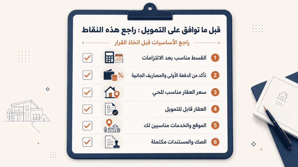 قائمة فحص قبل الموافقة على التمويل العقاري توضح أهم النقاط التي يجب مراجعتها