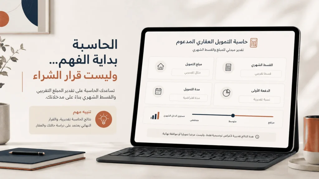 صورة توضيحية لحاسبة التمويل العقاري توضح أن الحاسبة تقديرية وليست قرار الشراء